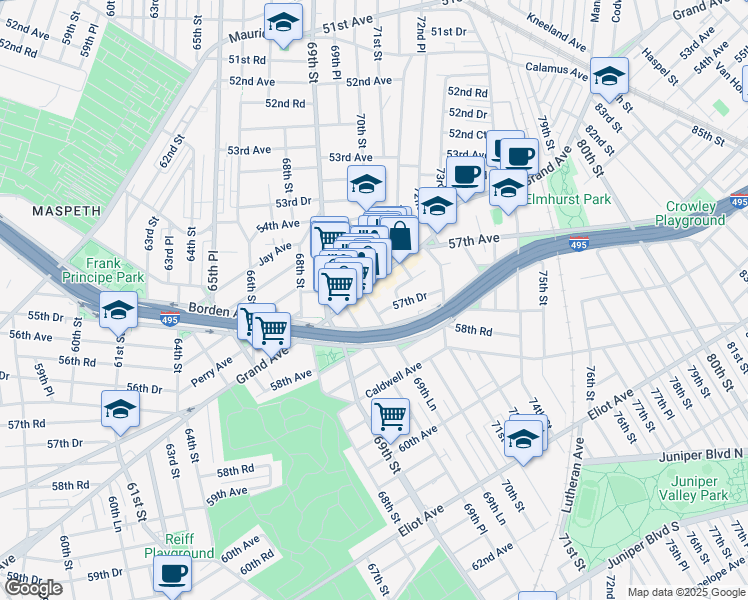 map of restaurants, bars, coffee shops, grocery stores, and more near 69-63 57th Drive in Queens