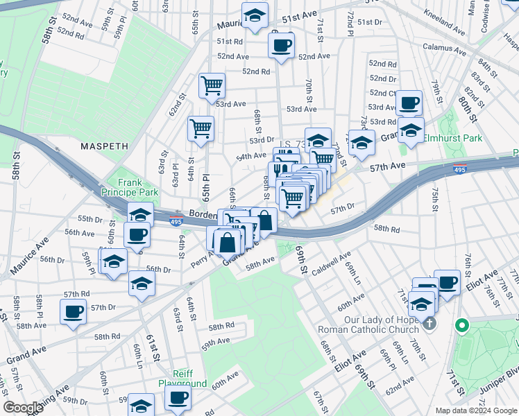 map of restaurants, bars, coffee shops, grocery stores, and more near 66-37 Clinton Avenue in Queens