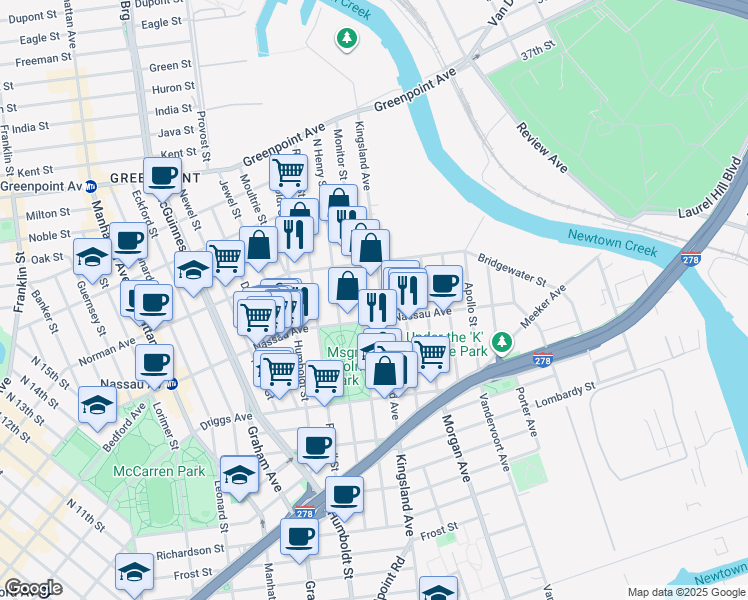 map of restaurants, bars, coffee shops, grocery stores, and more near 202 Monitor Street in Brooklyn