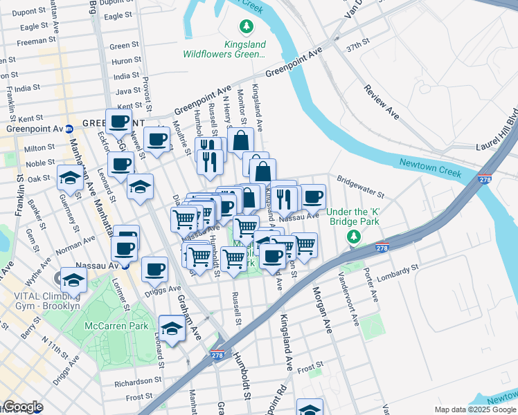 map of restaurants, bars, coffee shops, grocery stores, and more near 202 Monitor Street in Brooklyn