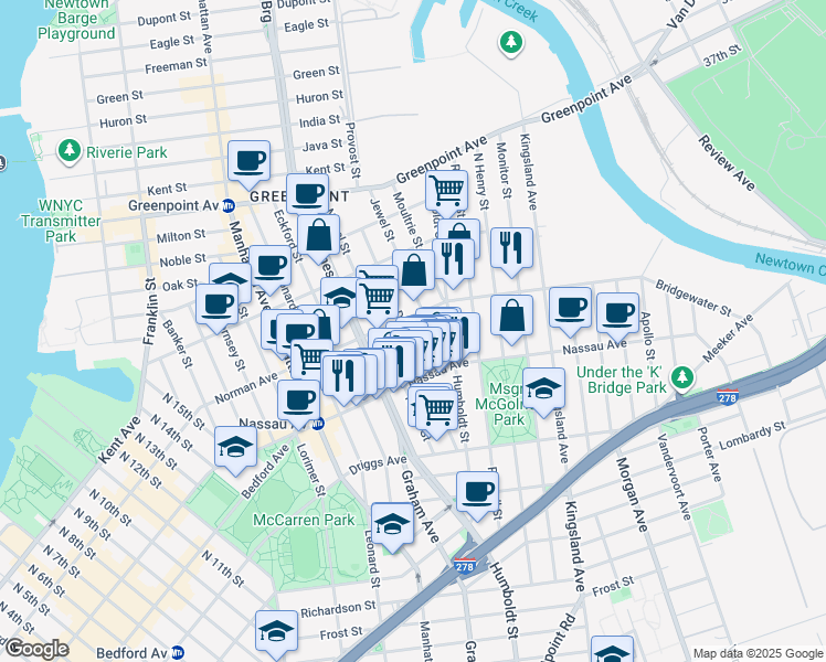 map of restaurants, bars, coffee shops, grocery stores, and more near 108A Diamond Street in Brooklyn