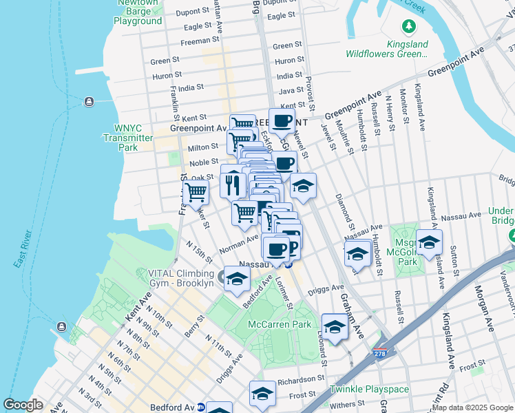 map of restaurants, bars, coffee shops, grocery stores, and more near 1032 Lorimer Street in Brooklyn