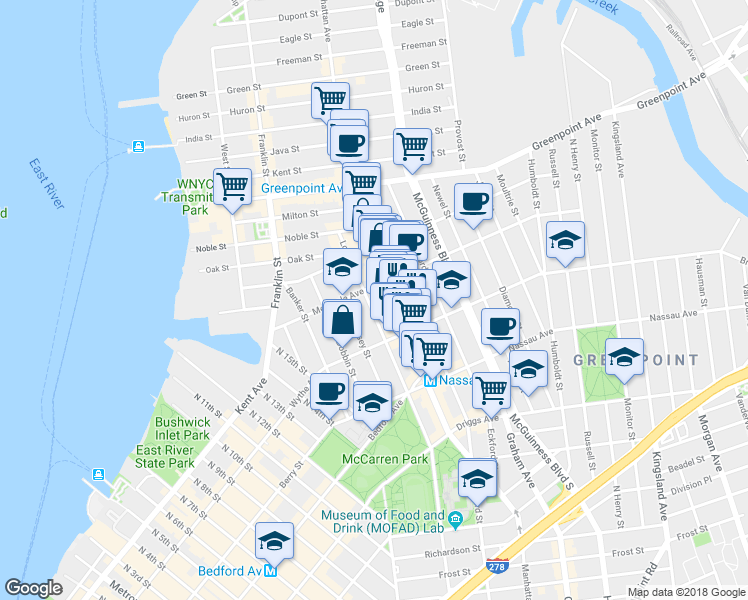 map of restaurants, bars, coffee shops, grocery stores, and more near 1032 Lorimer Street in Brooklyn
