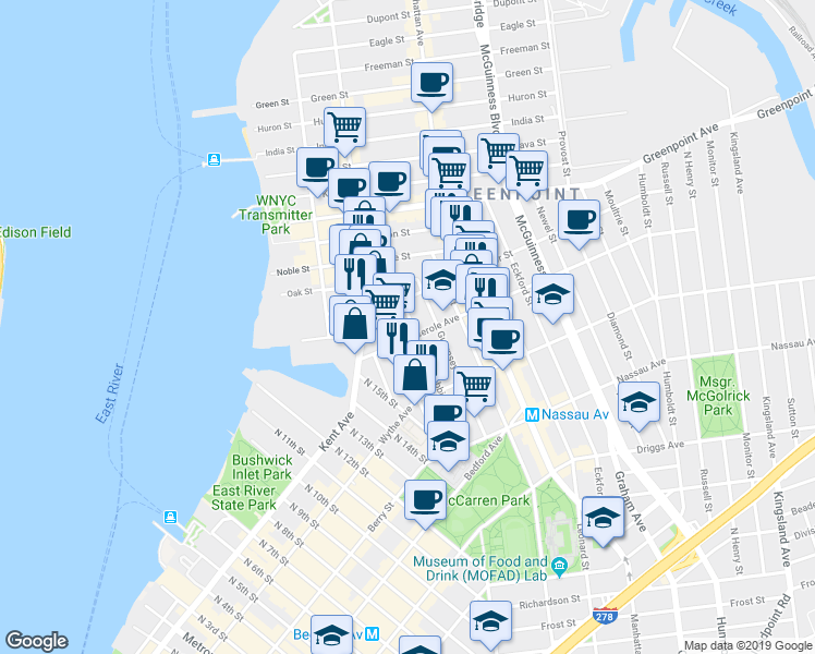 map of restaurants, bars, coffee shops, grocery stores, and more near in Brooklyn