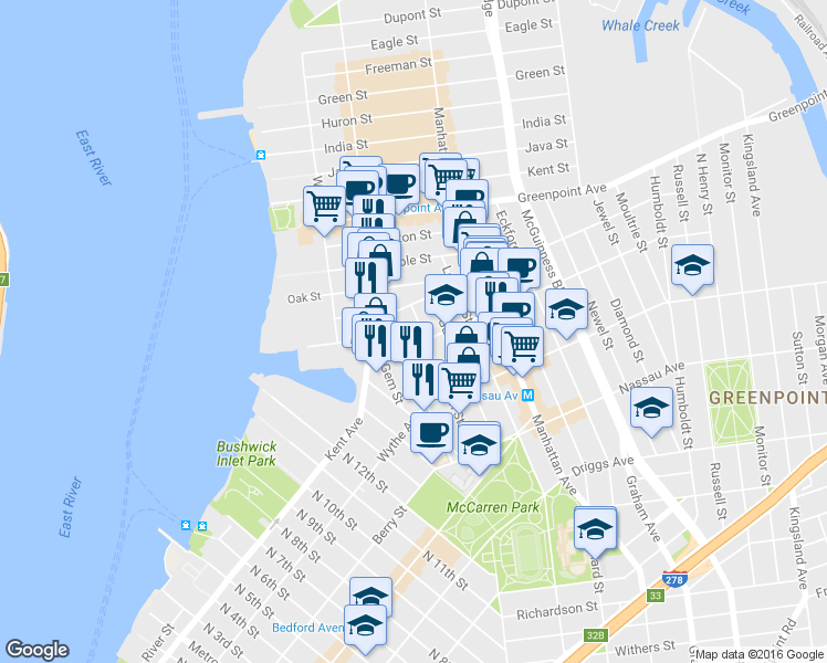 map of restaurants, bars, coffee shops, grocery stores, and more near in Brooklyn