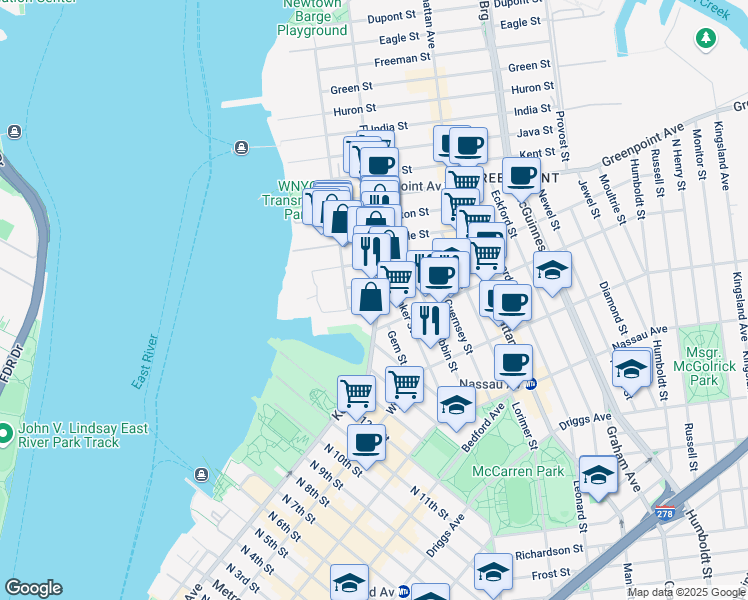 map of restaurants, bars, coffee shops, grocery stores, and more near 61 Franklin Street in Brooklyn