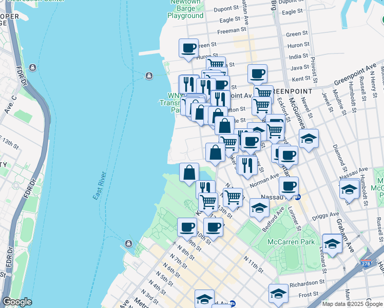 map of restaurants, bars, coffee shops, grocery stores, and more near 11 West Street in Brooklyn