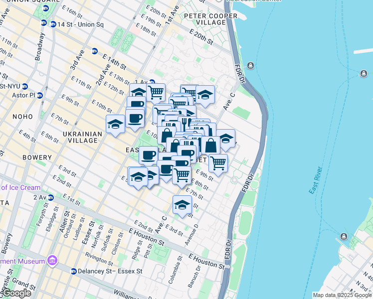 map of restaurants, bars, coffee shops, grocery stores, and more near 375 East 10th Street in New York