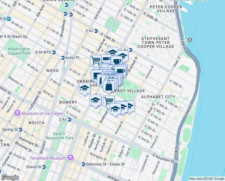 map of restaurants, bars, coffee shops, grocery stores, and more near 127 East 7th Street in New York