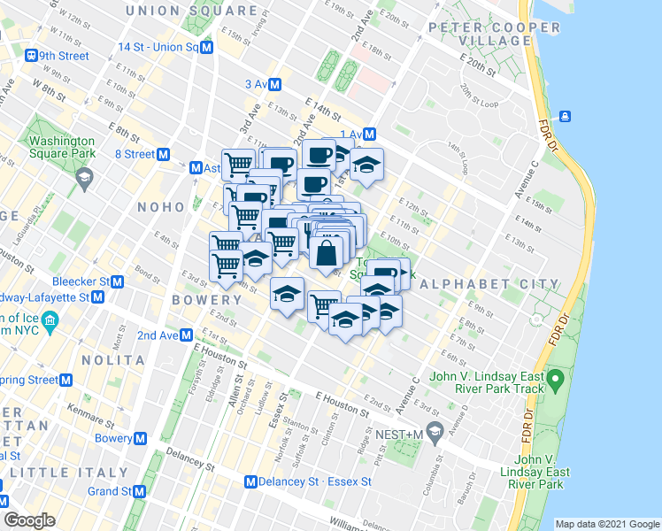 map of restaurants, bars, coffee shops, grocery stores, and more near 113 East 7th Street in New York