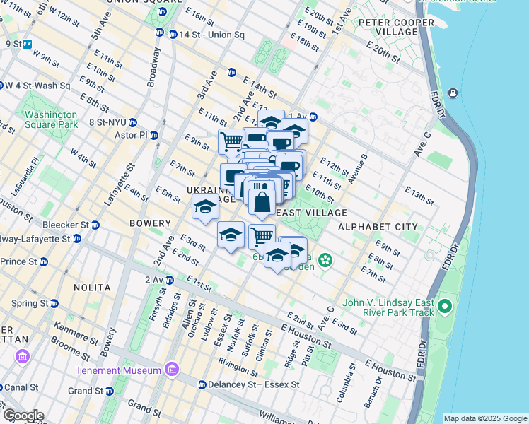 map of restaurants, bars, coffee shops, grocery stores, and more near 113 East 7th Street in New York