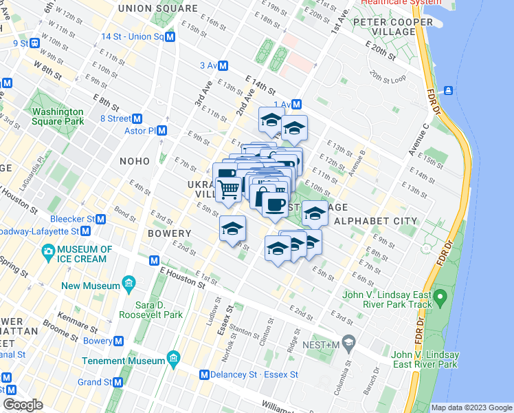 map of restaurants, bars, coffee shops, grocery stores, and more near 113 East 7th Street in New York