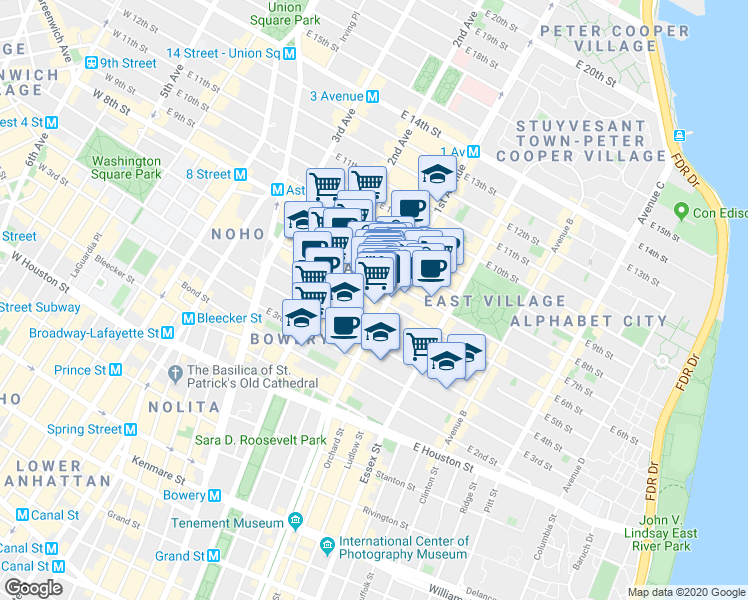map of restaurants, bars, coffee shops, grocery stores, and more near 117 1st Avenue in New York