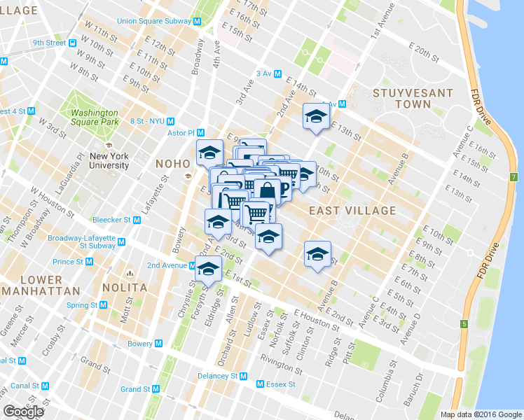 map of restaurants, bars, coffee shops, grocery stores, and more near 331 East 5th Street in New York