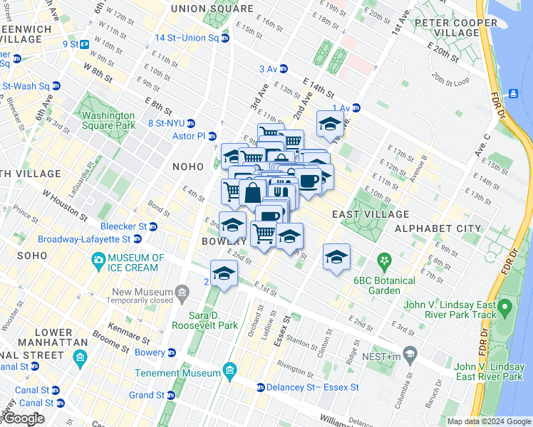 map of restaurants, bars, coffee shops, grocery stores, and more near 331 East 5th Street in New York