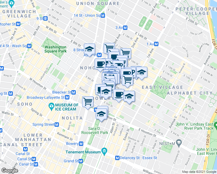 map of restaurants, bars, coffee shops, grocery stores, and more near in New York