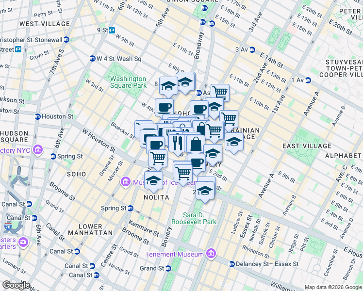 map of restaurants, bars, coffee shops, grocery stores, and more near 348 Bowery in New York
