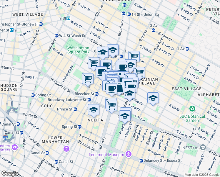 map of restaurants, bars, coffee shops, grocery stores, and more near 348 Bowery in New York