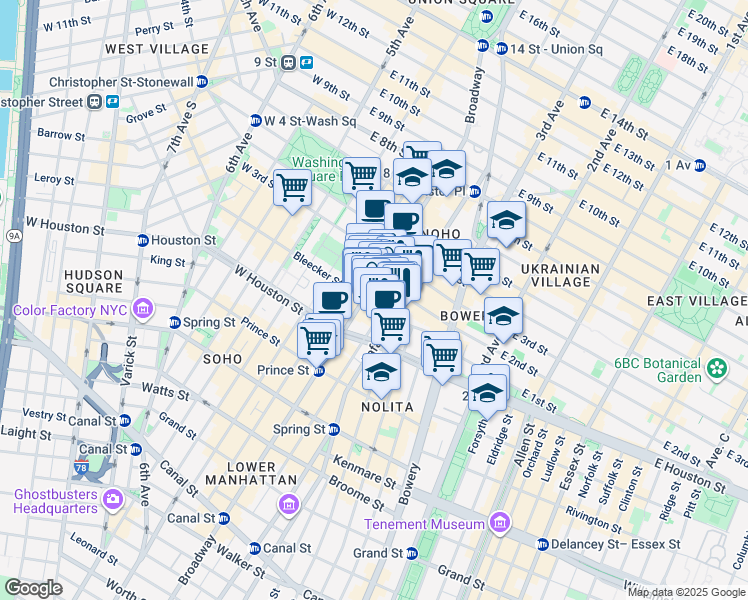 map of restaurants, bars, coffee shops, grocery stores, and more near 653 Broadway in New York