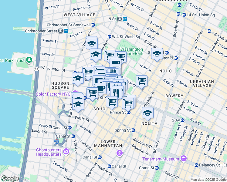 map of restaurants, bars, coffee shops, grocery stores, and more near 71 West Houston Street in New York