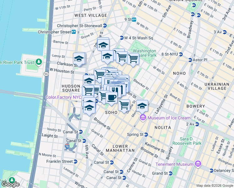 map of restaurants, bars, coffee shops, grocery stores, and more near 155-159 Sullivan Street in New York
