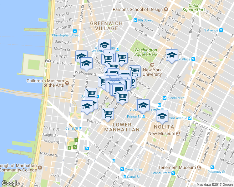 map of restaurants, bars, coffee shops, grocery stores, and more near 155-159 Sullivan Street in New York