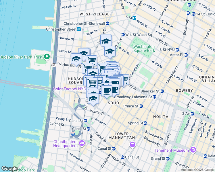 map of restaurants, bars, coffee shops, grocery stores, and more near 144 Sullivan Street in New York