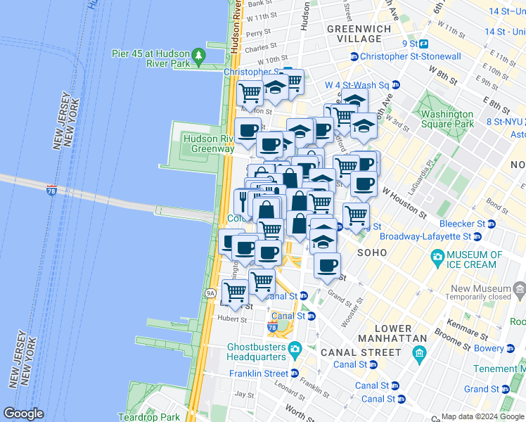 map of restaurants, bars, coffee shops, grocery stores, and more near 92 Vandam Street in New York