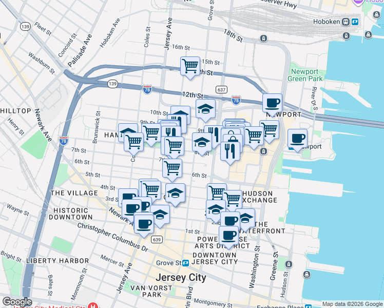map of restaurants, bars, coffee shops, grocery stores, and more near in Jersey City