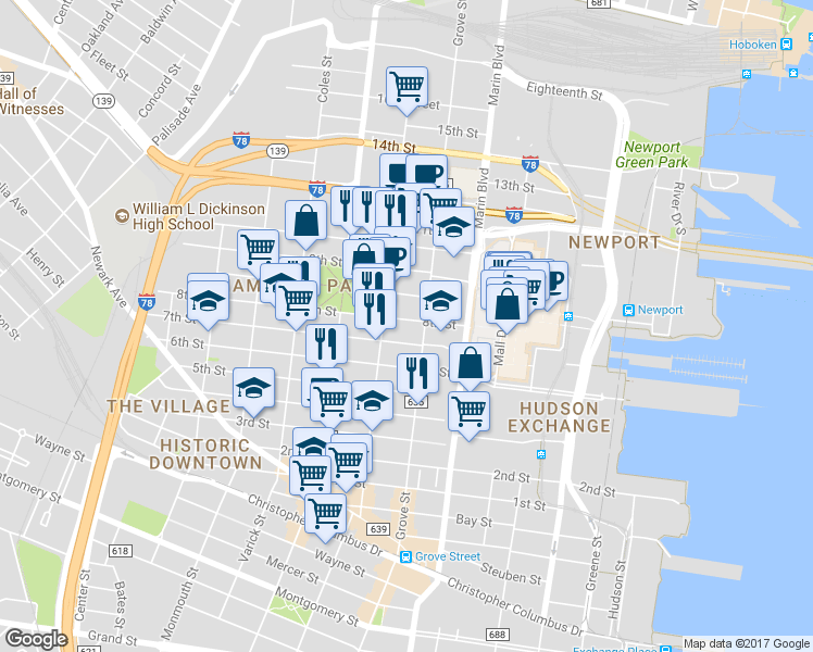 map of restaurants, bars, coffee shops, grocery stores, and more near in Jersey City