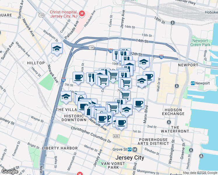 map of restaurants, bars, coffee shops, grocery stores, and more near 285 8th Street in Jersey City