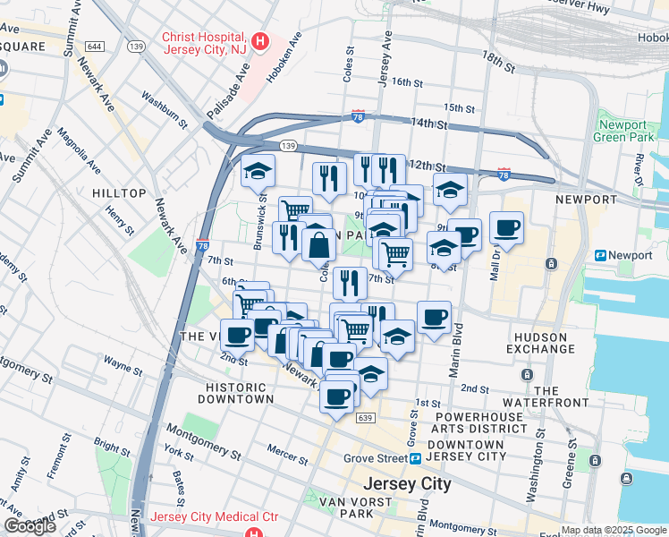 map of restaurants, bars, coffee shops, grocery stores, and more near 285 8th Street in Jersey City