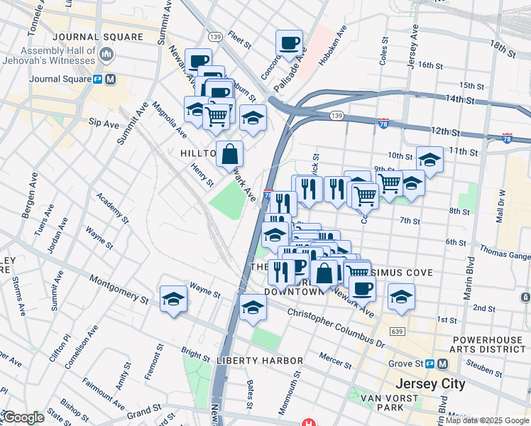 map of restaurants, bars, coffee shops, grocery stores, and more near 381 Newark Avenue in Jersey City