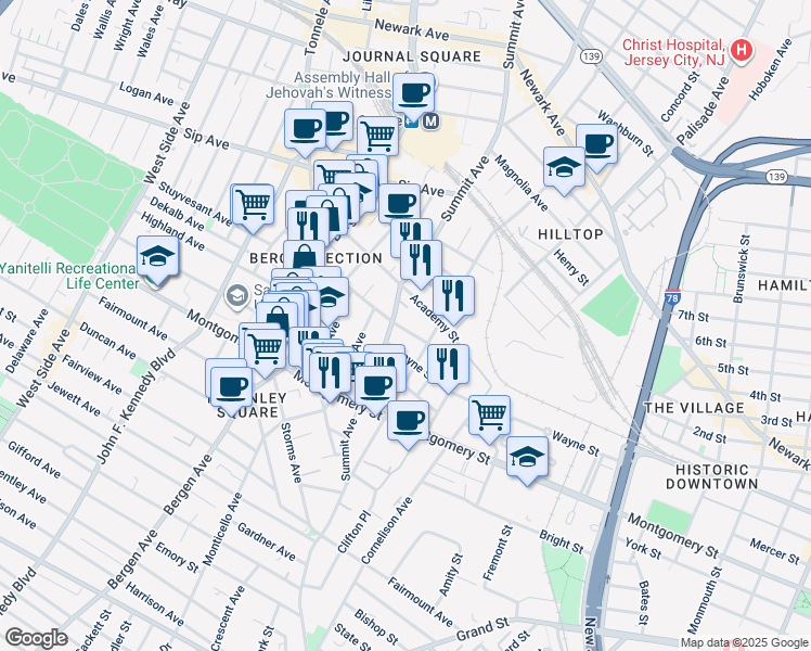 map of restaurants, bars, coffee shops, grocery stores, and more near 325 Summit Avenue in Jersey City