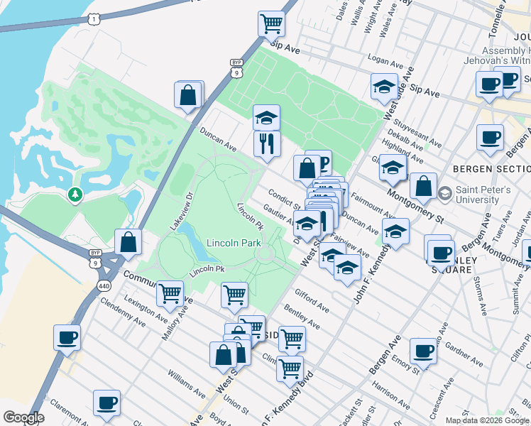 map of restaurants, bars, coffee shops, grocery stores, and more near 63 Gautier Avenue in Jersey City