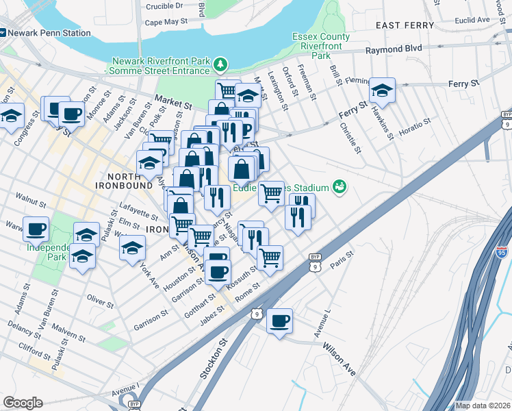 map of restaurants, bars, coffee shops, grocery stores, and more near 104 Marne Street in Newark