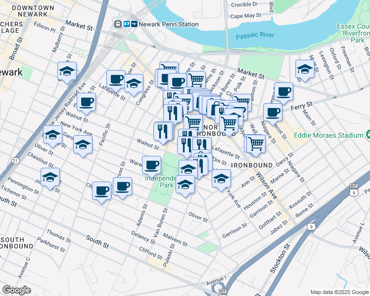 map of restaurants, bars, coffee shops, grocery stores, and more near 280 Elm Street in Newark