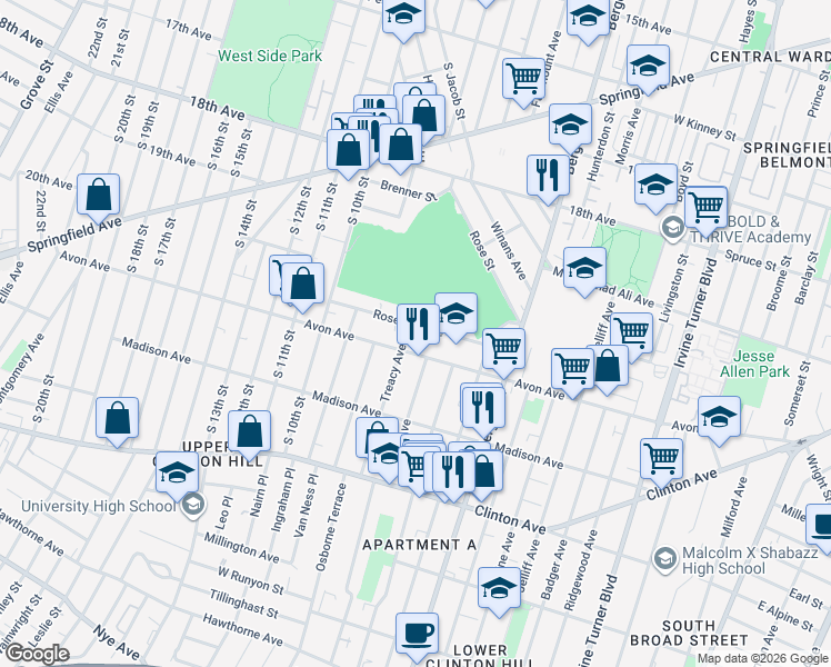 map of restaurants, bars, coffee shops, grocery stores, and more near 56 Rose Terrace in Newark