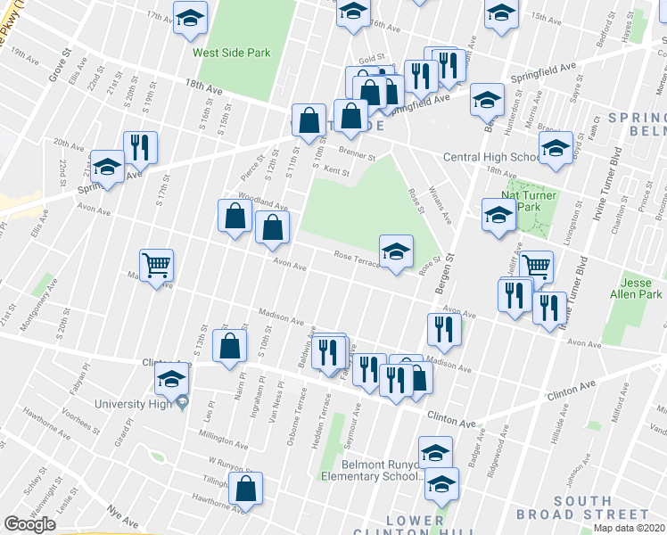 map of restaurants, bars, coffee shops, grocery stores, and more near 297 Avon Avenue in Newark
