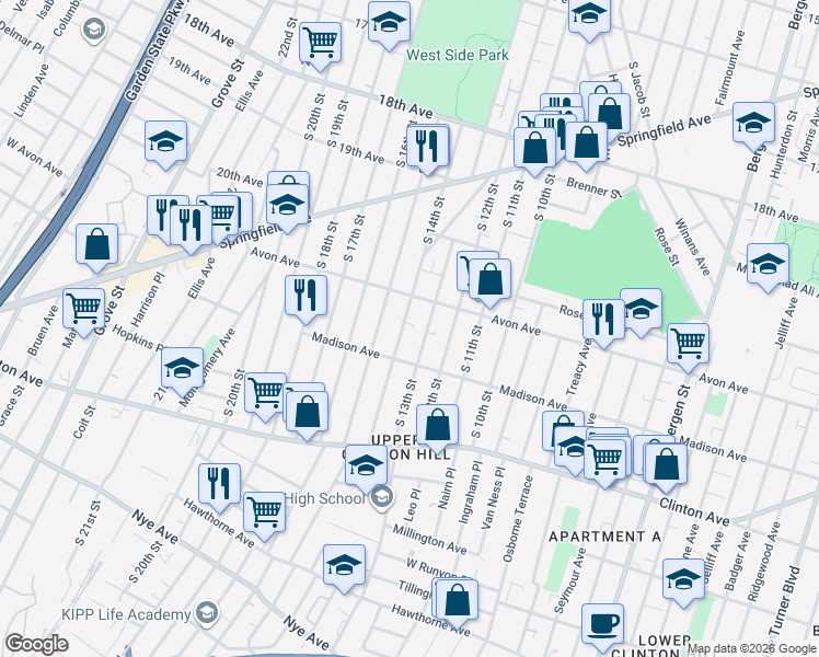 map of restaurants, bars, coffee shops, grocery stores, and more near 800 South 14th Street in Newark