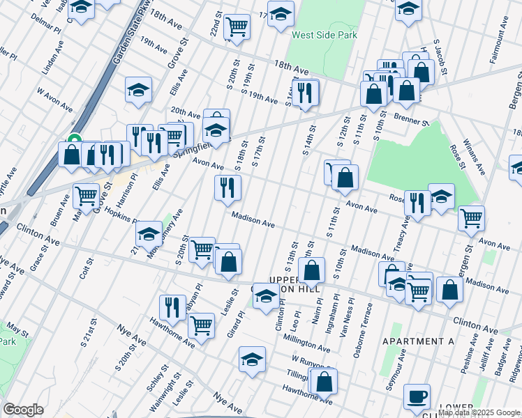 map of restaurants, bars, coffee shops, grocery stores, and more near 801 South 15th Street in Newark