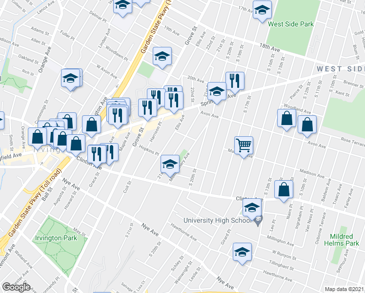 map of restaurants, bars, coffee shops, grocery stores, and more near 107 Montgomery Avenue in Irvington