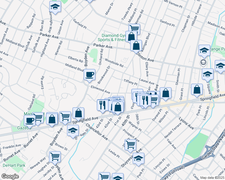 map of restaurants, bars, coffee shops, grocery stores, and more near 61 Franklin Terrace in Irvington
