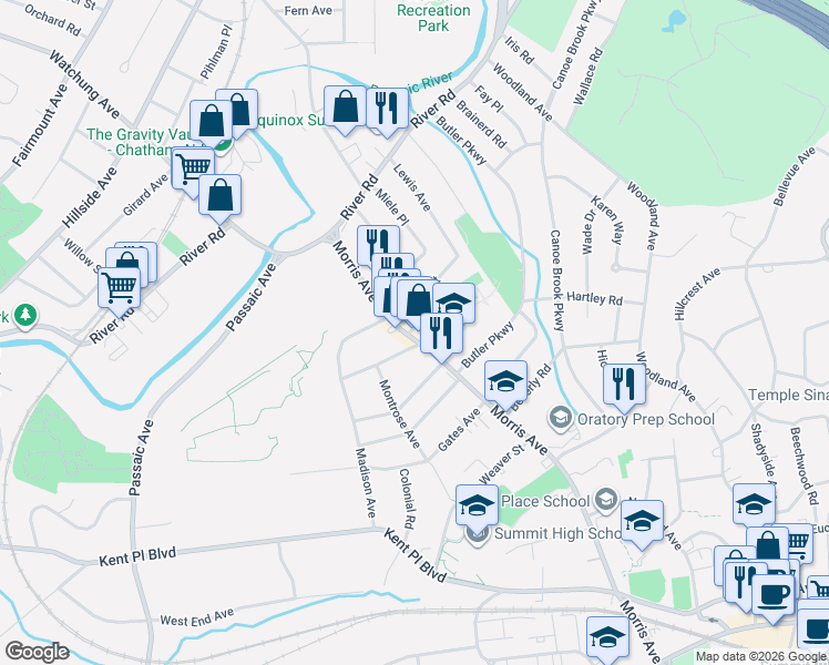 map of restaurants, bars, coffee shops, grocery stores, and more near 511 Morris Avenue in Summit