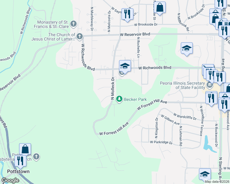map of restaurants, bars, coffee shops, grocery stores, and more near 3113 North Molleck Drive in Peoria