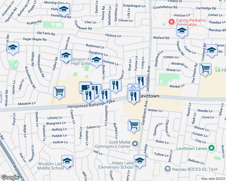 map of restaurants, bars, coffee shops, grocery stores, and more near 42 Squirrel Lane in Levittown