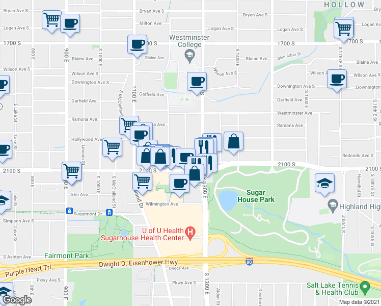 map of restaurants, bars, coffee shops, grocery stores, and more near 2007 Douglas St in Salt Lake City