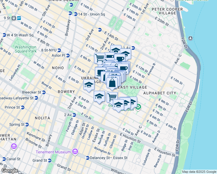 map of restaurants, bars, coffee shops, grocery stores, and more near 113 East 7th Street in New York
