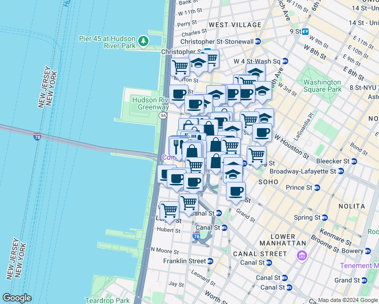 map of restaurants, bars, coffee shops, grocery stores, and more near 92 Vandam Street in New York