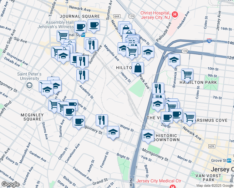 map of restaurants, bars, coffee shops, grocery stores, and more near 20 Trenton Street in Jersey City